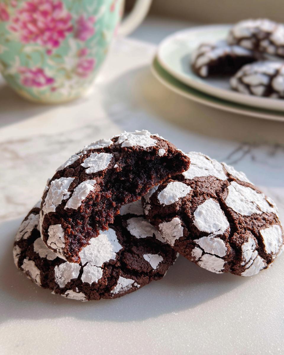 Three fudgy Chocolate Crinkle Cookies dusted heavily with powdered sugar, one broken open to show the rich interior.