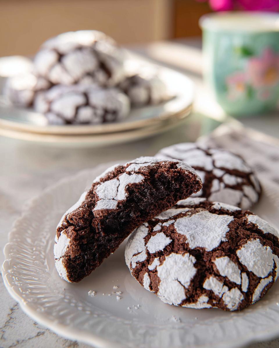 Two fudgy Chocolate Crinkle Cookies on a white plate, one broken in half showing the rich interior.