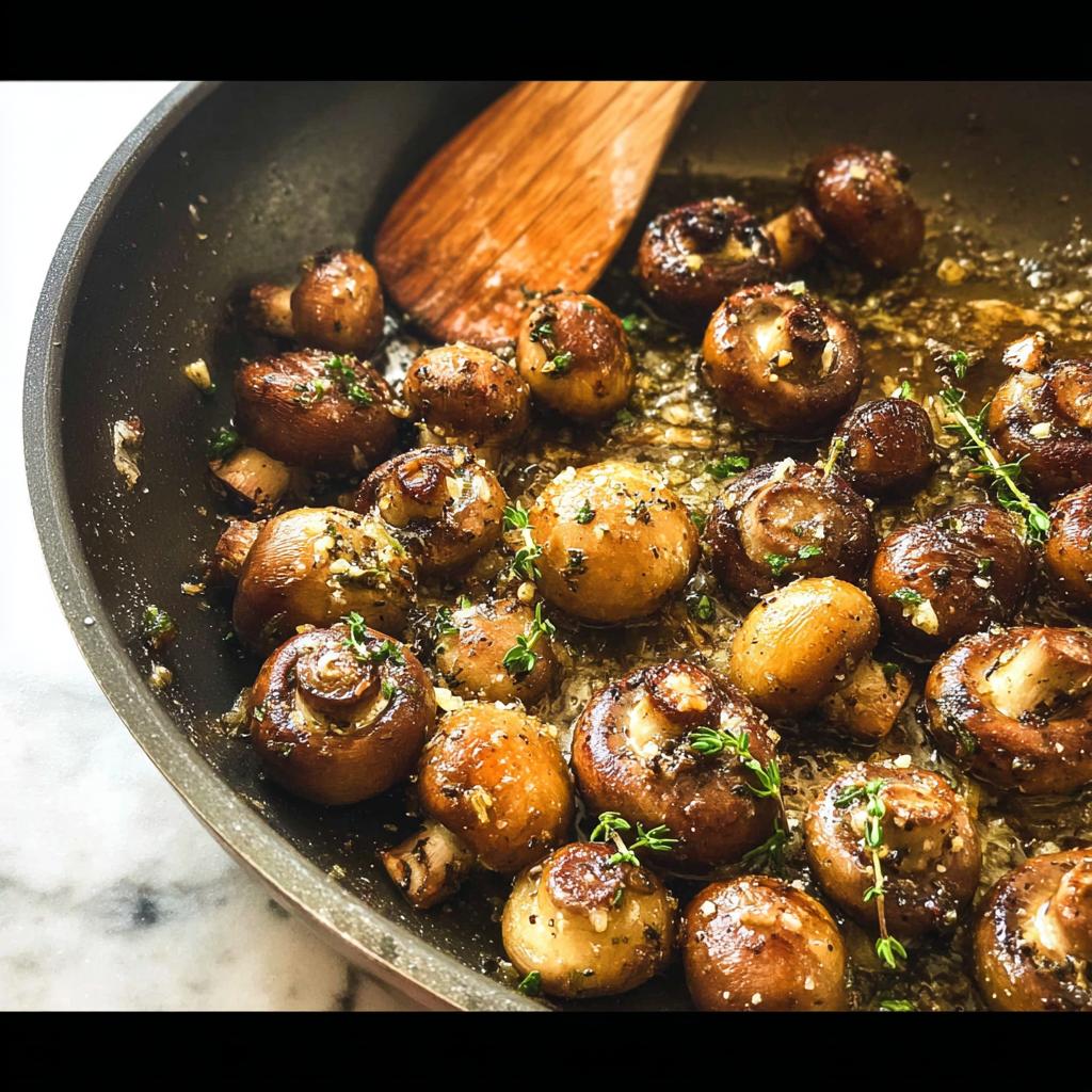 Close-up of whole button mushrooms sizzling in a skillet with garlic butter, herbs, and a wooden spoon.