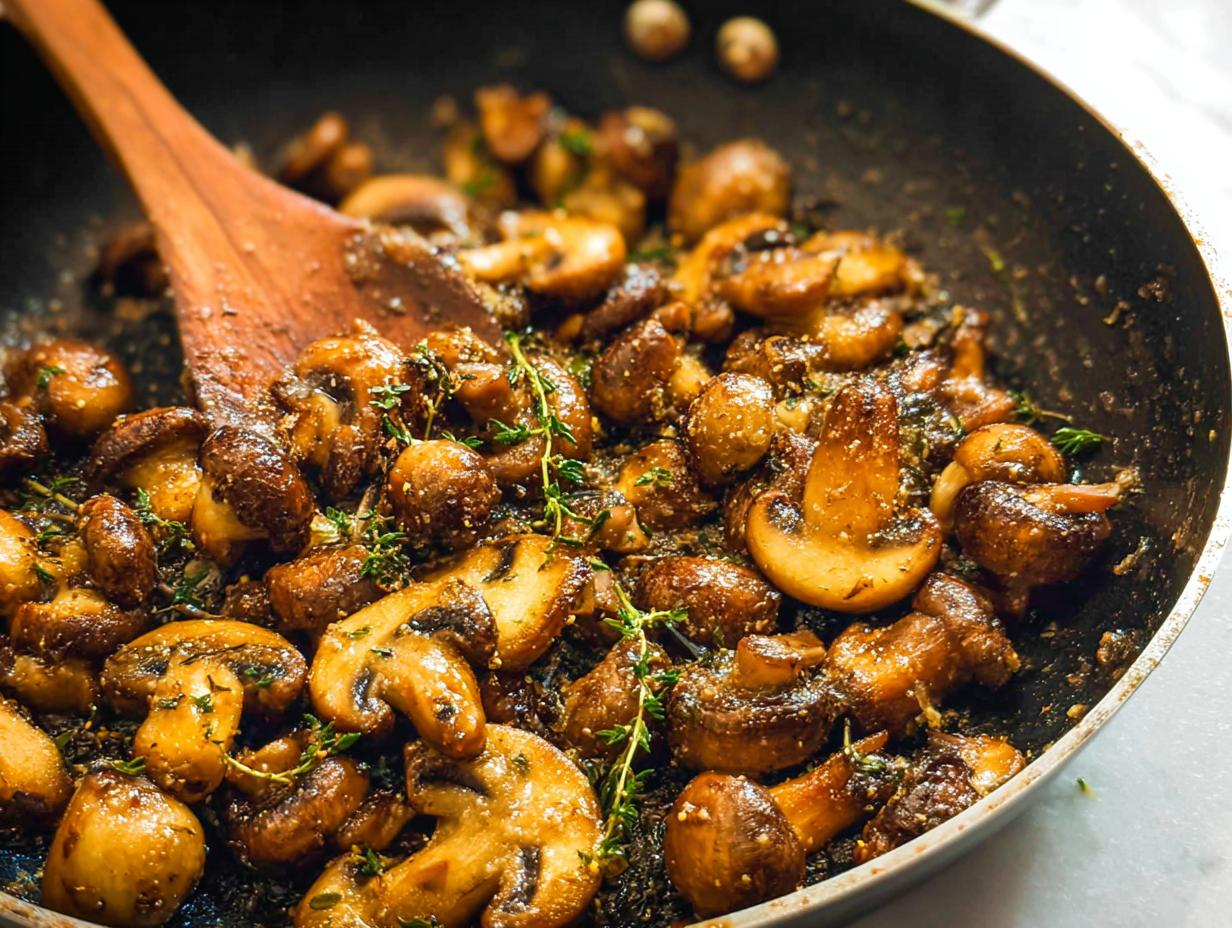 Close-up of savory Garlic Butter Mushrooms being stirred with a wooden spoon in a dark skillet, garnished with fresh thyme.