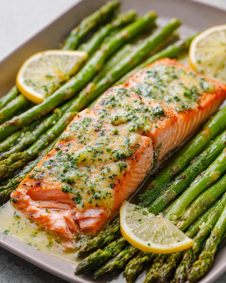 Close-up of a perfectly cooked fillet of Garlic Butter Salmon & Asparagus topped with melted butter sauce and lemon slices.