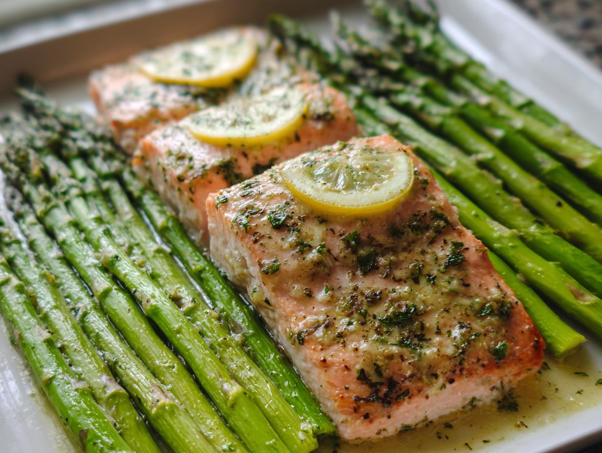 Three fillets of Garlic Butter Salmon & Asparagus topped with melted garlic butter sauce and lemon slices.
