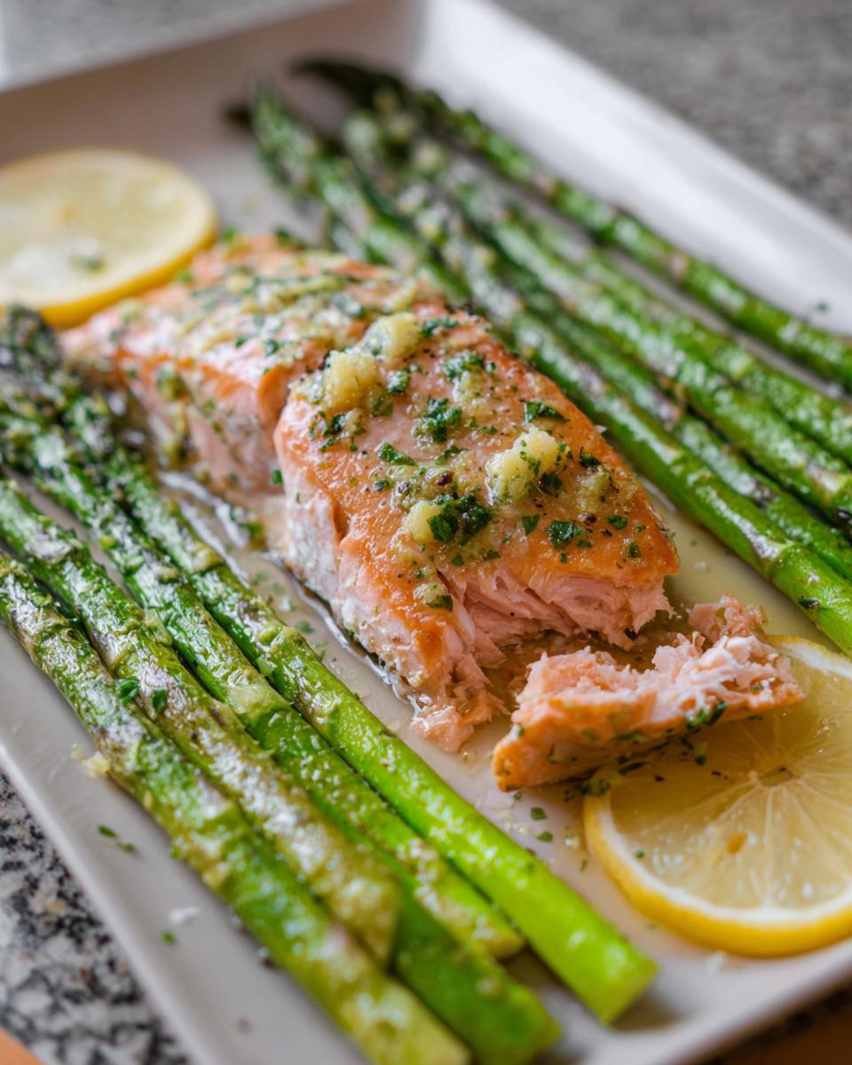 Flaky Garlic Butter Salmon & Asparagus served on a white plate with lemon slices.