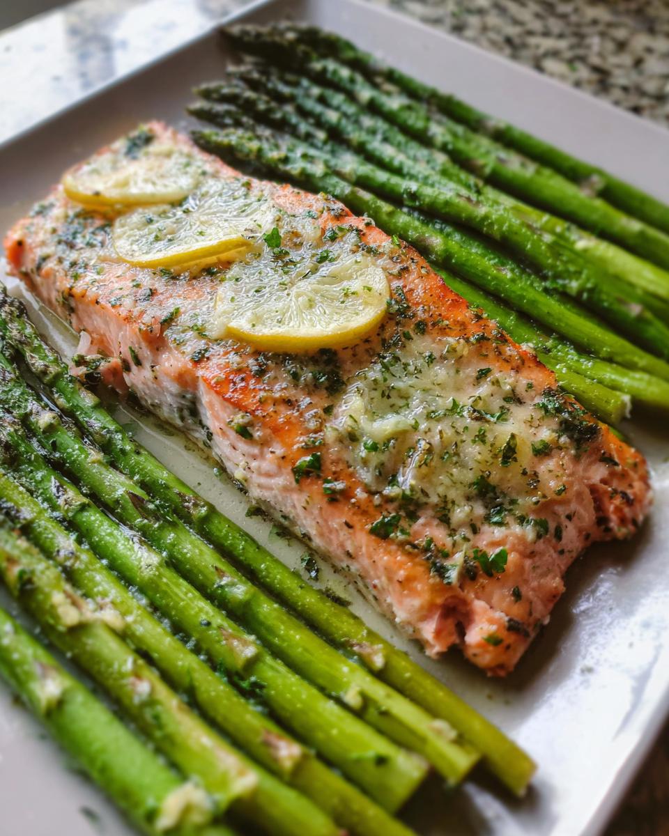 A perfectly cooked fillet of Garlic Butter Salmon & Asparagus topped with lemon slices and herbs.