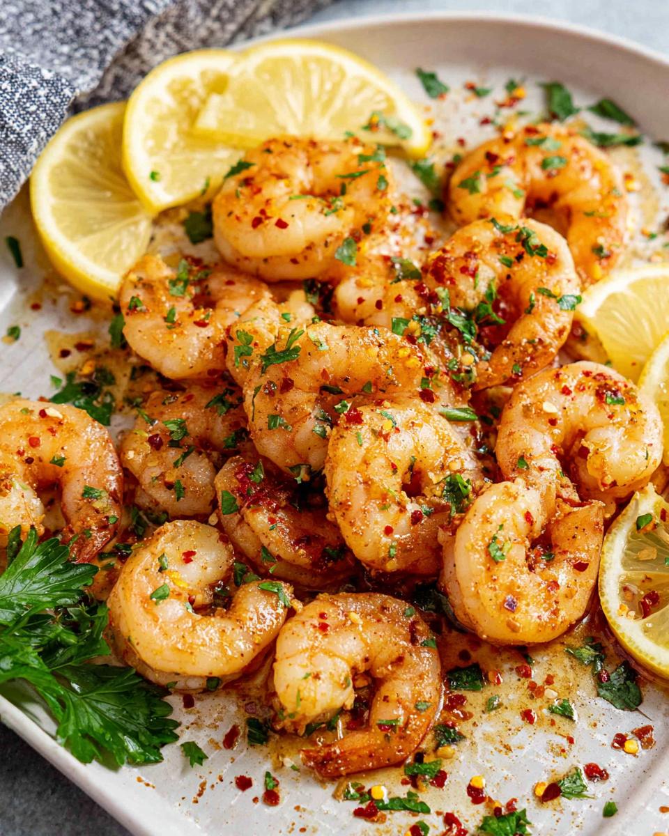 A plate piled high with juicy Garlic Butter Shrimp, seasoned with red pepper flakes and parsley, garnished with lemon slices.