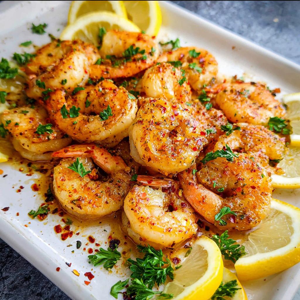 Close-up of juicy Garlic Butter Shrimp coated in spices and butter, garnished with parsley and lemon slices.