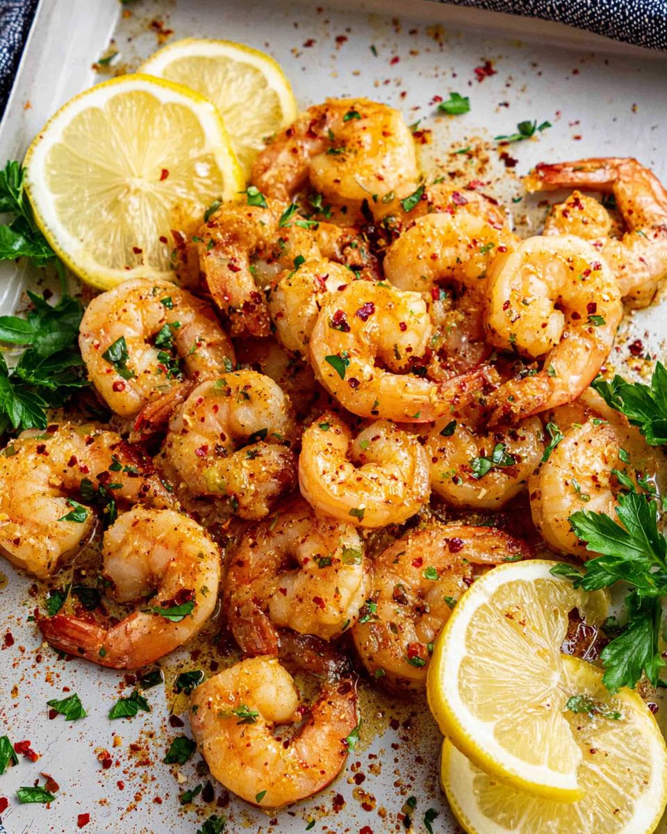 Close-up of juicy Garlic Butter Shrimp seasoned with herbs and chili flakes, garnished with fresh lemon slices.