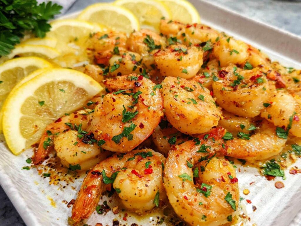 Close-up of cooked Garlic Butter Shrimp (Sheet Pan) garnished with parsley and served with fresh lemon slices.
