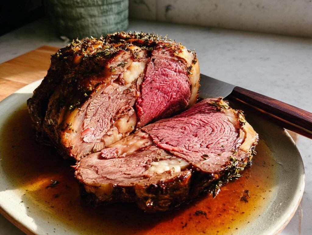 A thick slice cut from a roasted Garlic-Herb Prime Rib, showing a perfect medium-rare center resting in its au jus.