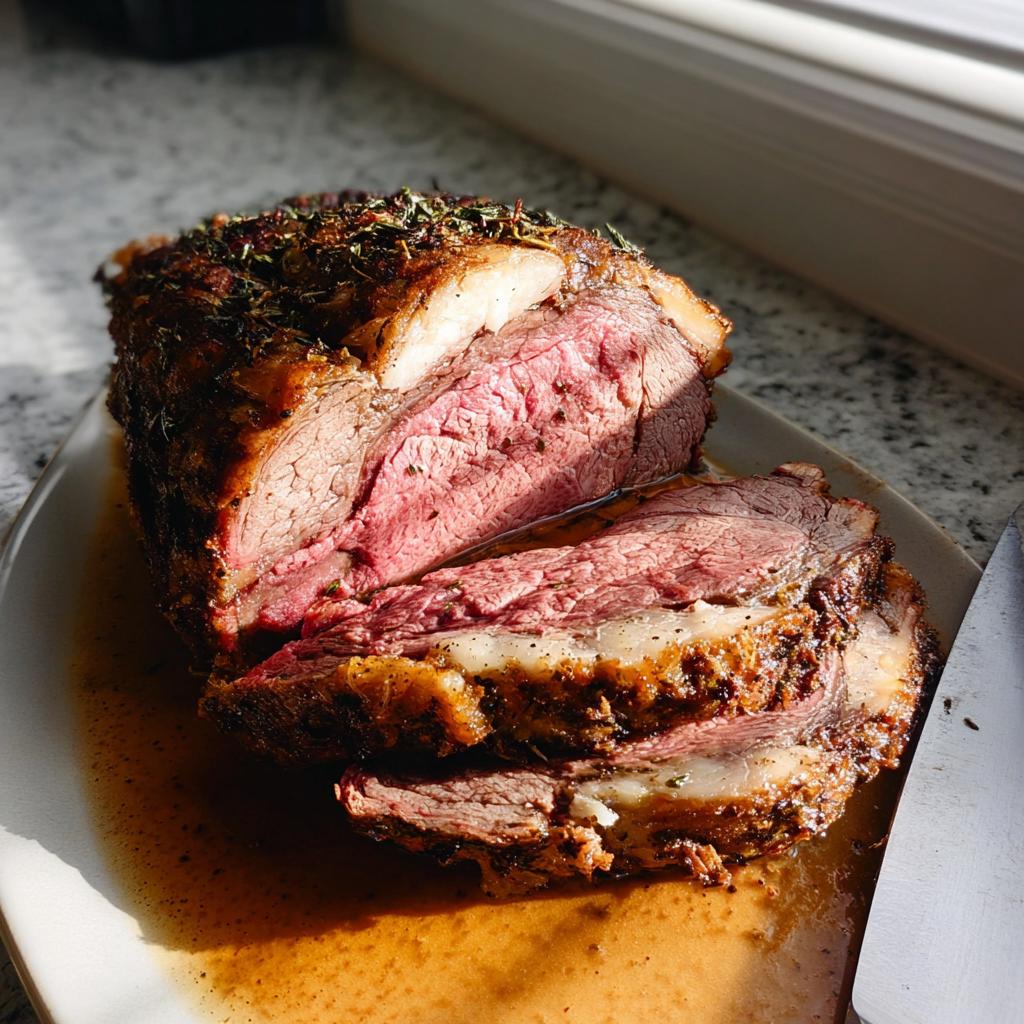 A beautifully roasted Garlic-Herb Prime Rib, sliced to reveal a medium-rare center, resting in its rich au jus.