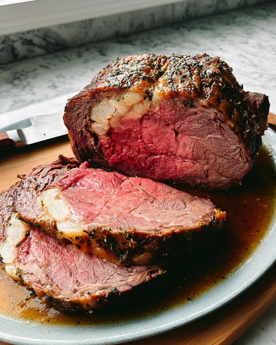 A perfectly cooked Garlic-Herb Prime Rib, sliced to show medium-rare interior, resting in its rich au jus.