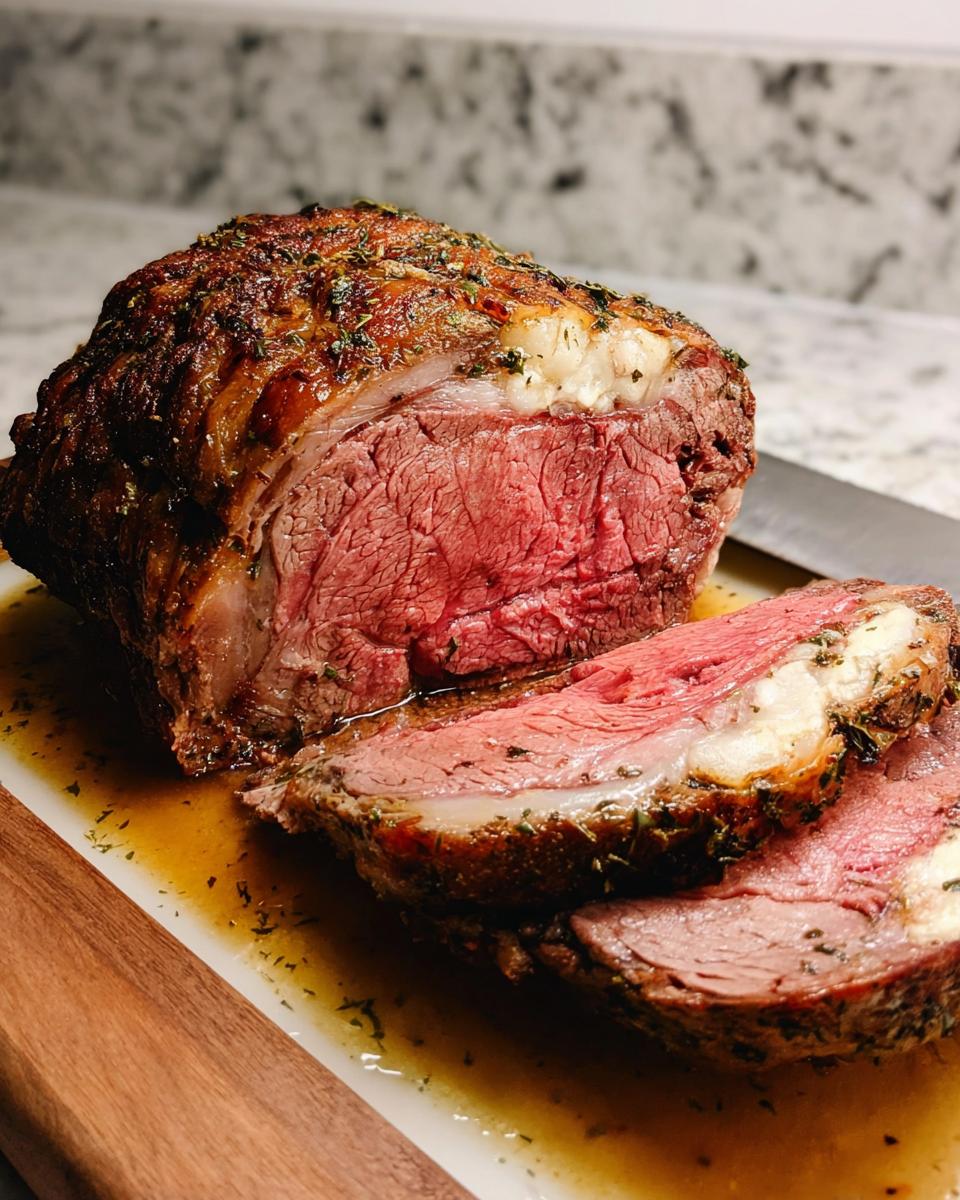 A beautifully roasted Garlic-Herb Prime Rib, partially sliced, showing a medium-rare center resting in its savory au jus.