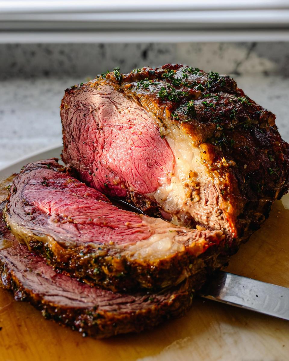 Close-up of a medium-rare Garlic-Herb Prime Rib with a browned crust, being sliced on a cutting board