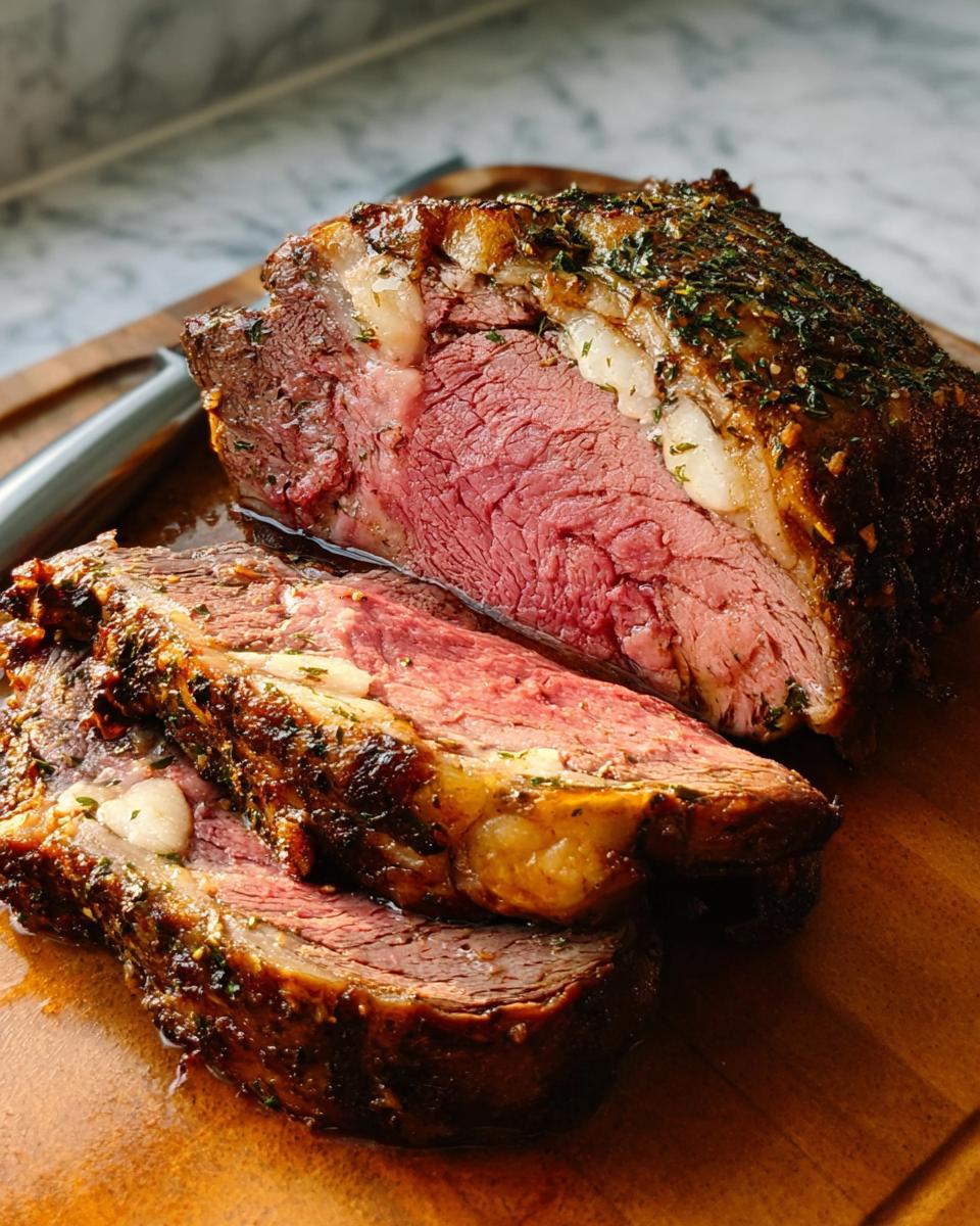 Close-up of a perfectly cooked Garlic-Herb Prime Rib with a medium-rare pink center and herb crust.
