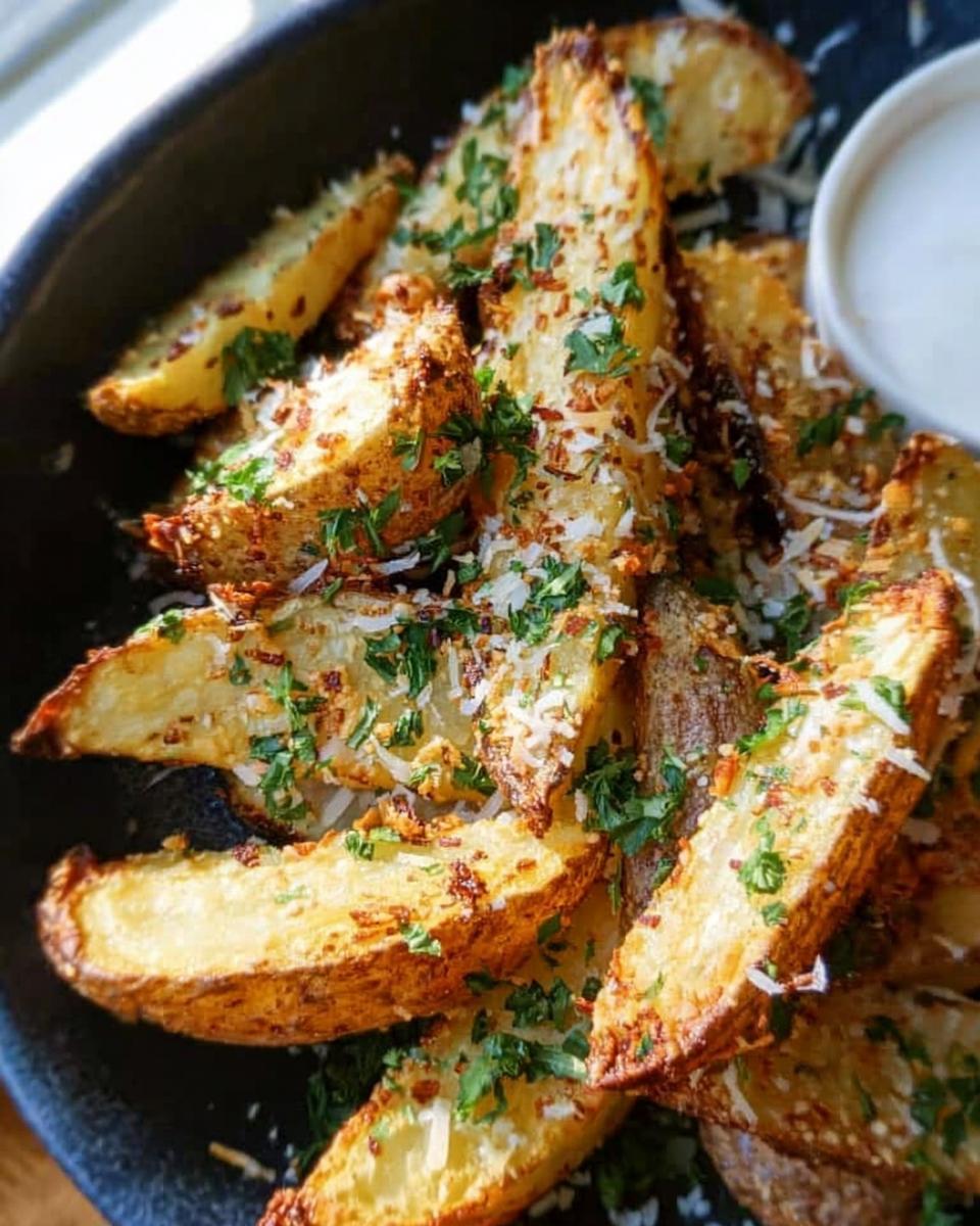 Close-up of crispy, golden Garlic Parmesan Potato Wedges topped with grated cheese and fresh parsley.