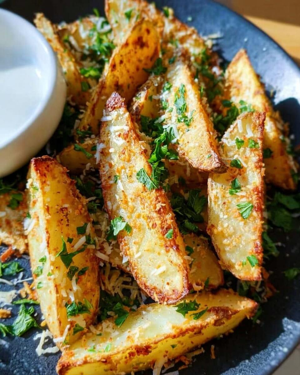 A close-up of crispy, golden Garlic Parmesan Potato Wedges topped with grated cheese and fresh parsley, served with a side of dipping sauce.