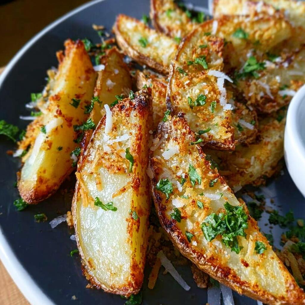 Close-up of crispy, golden Garlic Parmesan Potato Wedges topped with grated cheese and fresh parsley.