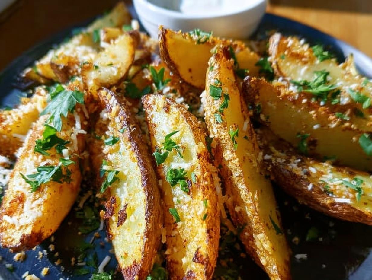 Close-up of golden brown Garlic Parmesan Potato Wedges topped with grated cheese and fresh parsley.