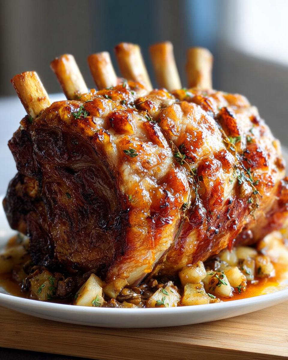 A glorious roast pork with visible bones, glistening with a rich glaze and herbs, served over a bed of potatoes and mushrooms.