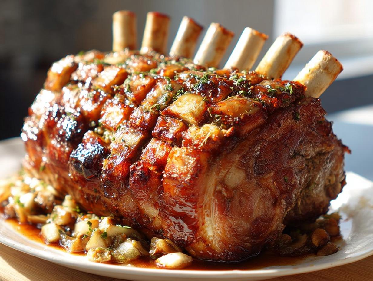 A succulent and glistening roast pork with visible ribs, seasoned with herbs and served with a mushroom gravy.