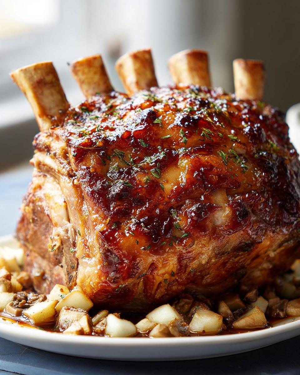 A succulent, glazed roast with visible bones, served over a bed of mushrooms and potatoes. Part of Ultimate Dinner Recipes Guide.