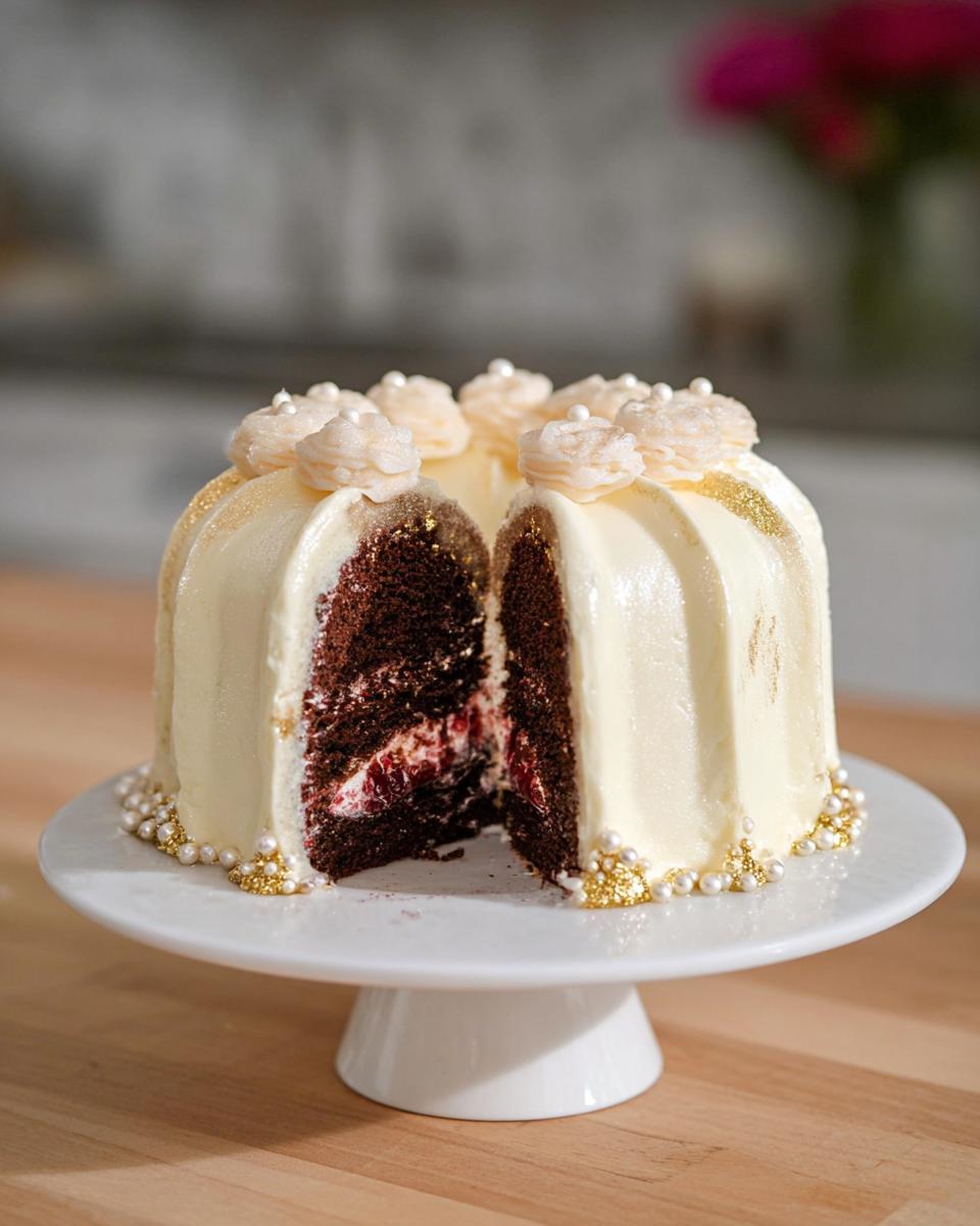 A slice removed from a richly frosted Gold-Dusted Bundt Cake revealing dark chocolate layers and a red filling.