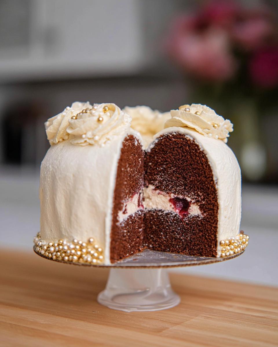 A cross-section view of a rich chocolate Gold-Dusted Bundt Cake, showing white frosting, cream filling, and a cherry center.