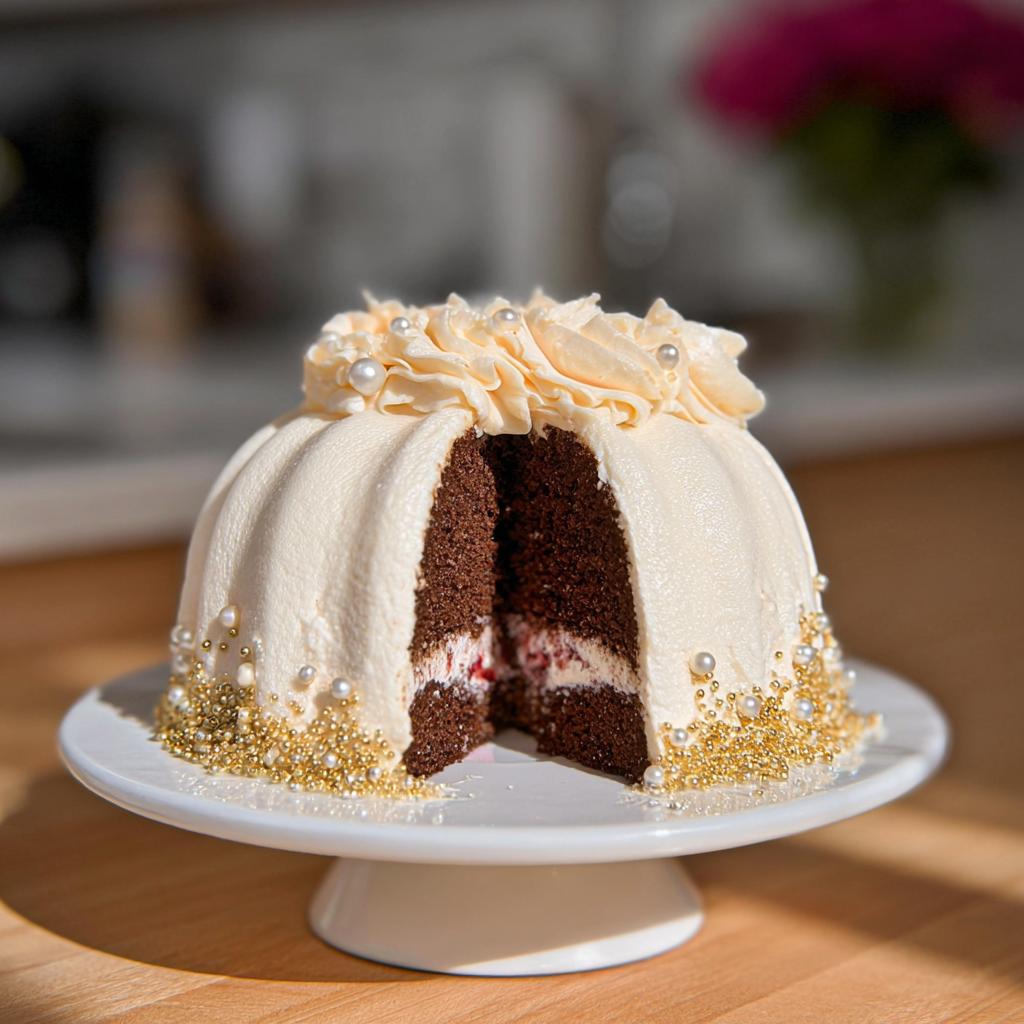 A cross-section view of a beautifully frosted Gold-Dusted Bundt Cake showing dark chocolate layers and cream filling, decorated with gold sprinkles.