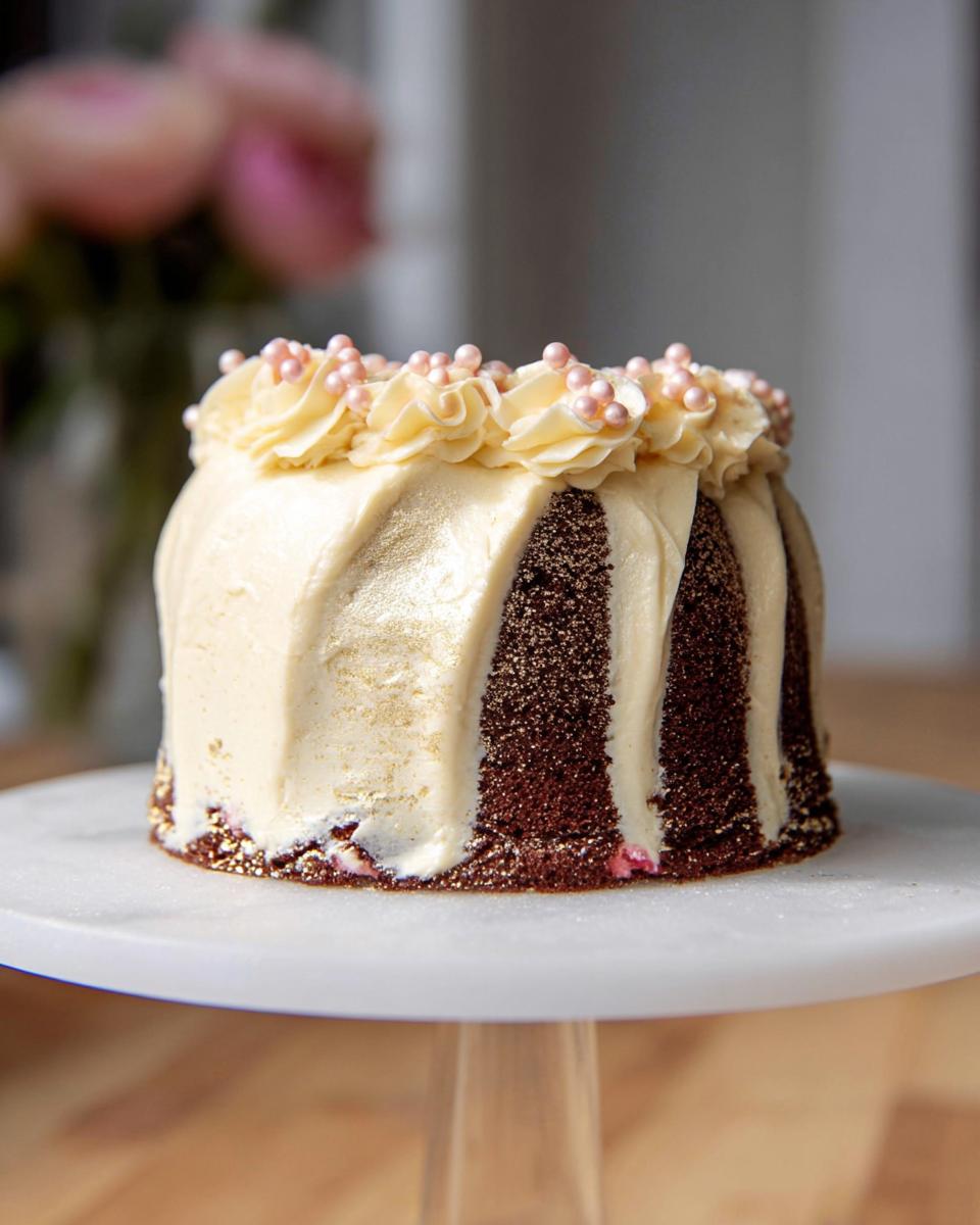 A small, richly decorated Gold-Dusted Bundt Cake with white frosting drips and pink pearl sprinkles.