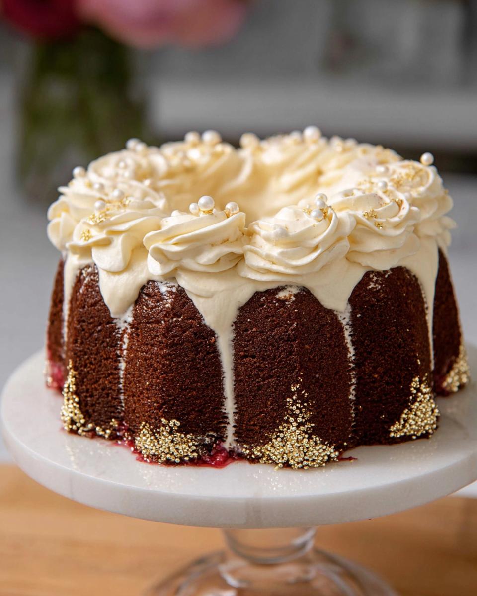 A rich, dark Gold-Dusted Bundt Cake topped with white frosting swirls and gold sprinkles.