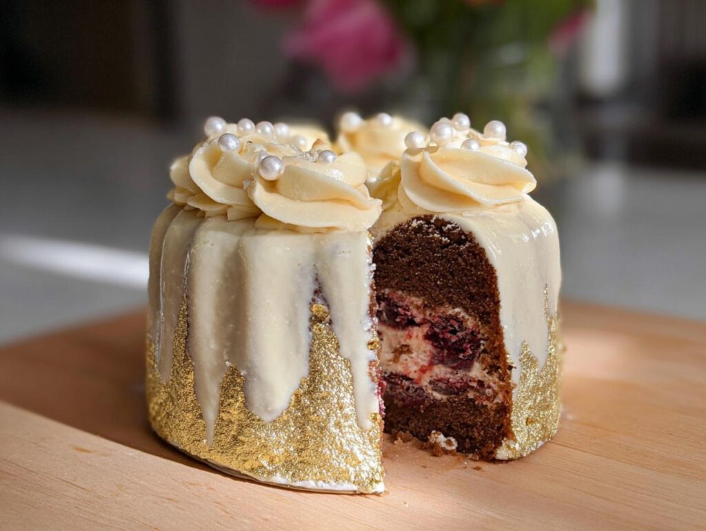 A slice cut from a small Gold-Dusted Bundt Cake showing dark chocolate layers and cherry filling.
