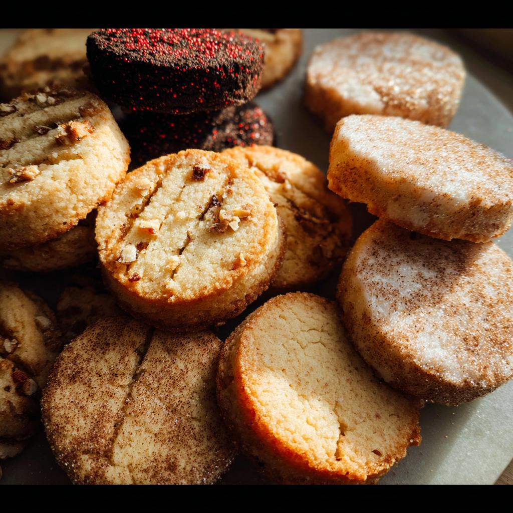 A close-up of various Gold-Dusted Shortbread cookies, some topped with cinnamon sugar and others with nuts.
