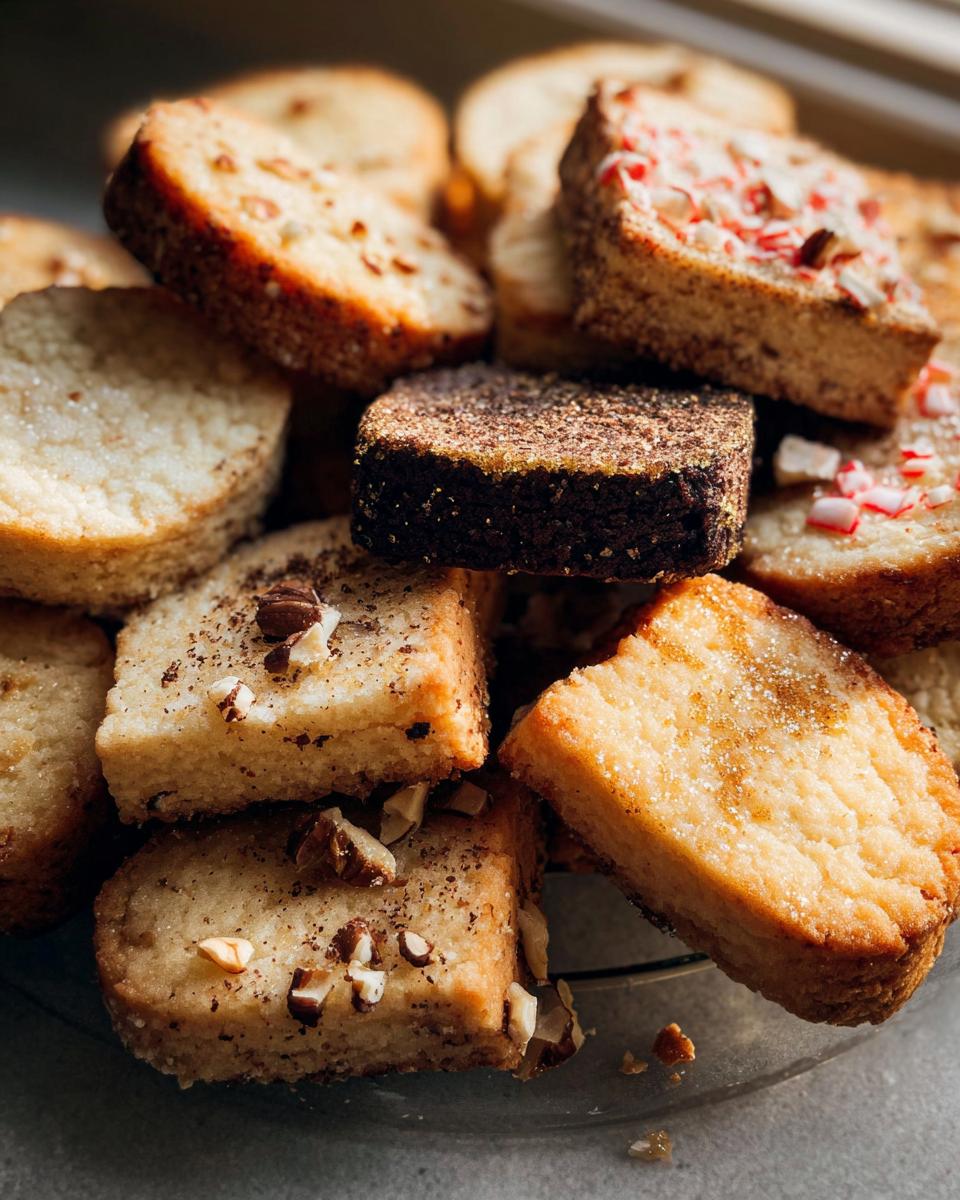 A close-up pile of various decorated Gold-Dusted Shortbread squares and rounds, featuring different toppings like nuts and chocolate.