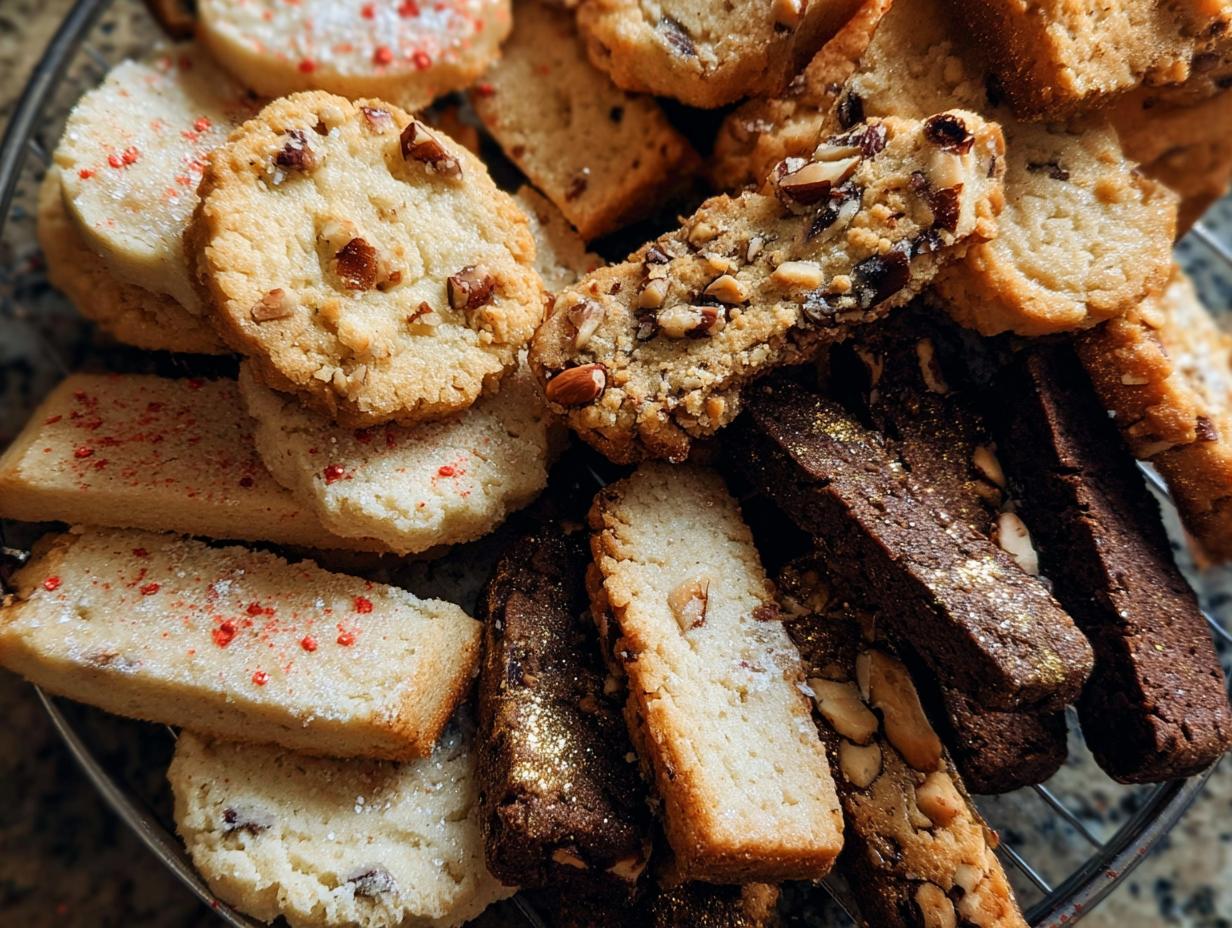 A close-up of assorted shortbread cookies, including plain, nut-topped, and dark chocolate varieties dusted with gold shimmer.