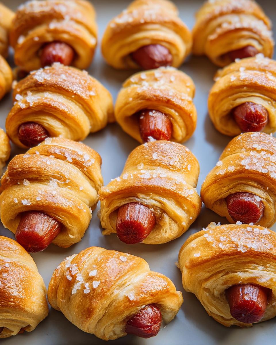 Close-up of freshly baked Mini Pigs in a Blanket, wrapped in golden pastry and topped with coarse sea salt.
