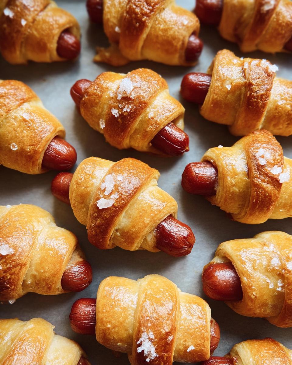 Close-up of freshly baked Mini Pigs in a Blanket sprinkled with flaky sea salt on a baking sheet.