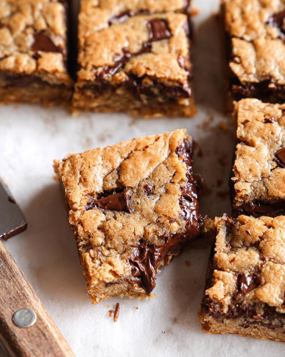 Close-up of a gooey chocolate chip bar cookie being pulled apart, surrounded by other Bar Cookies for a Crowd.