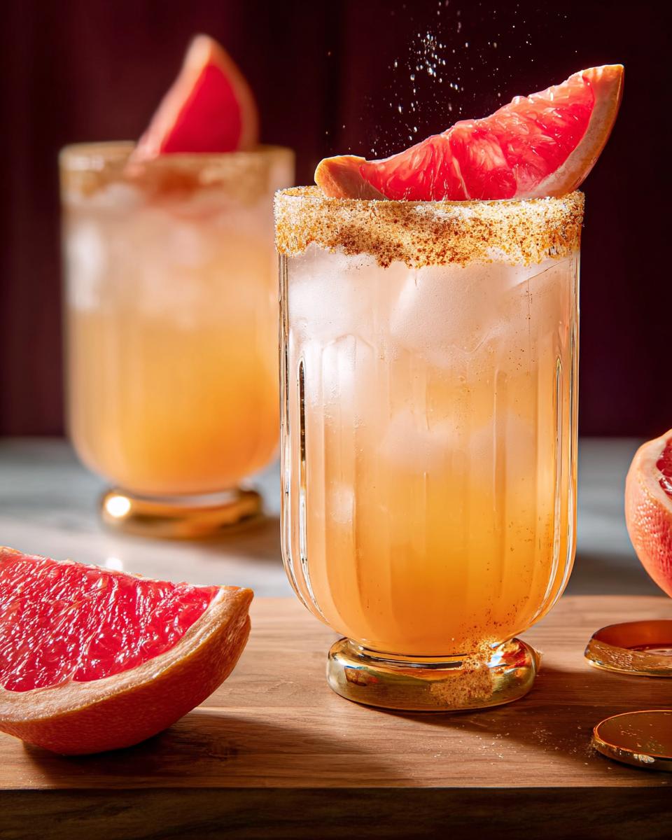 Two refreshing grapefruit cocktails garnished with wedges, perfect for your Ultimate Thanksgiving Drinks Guide.