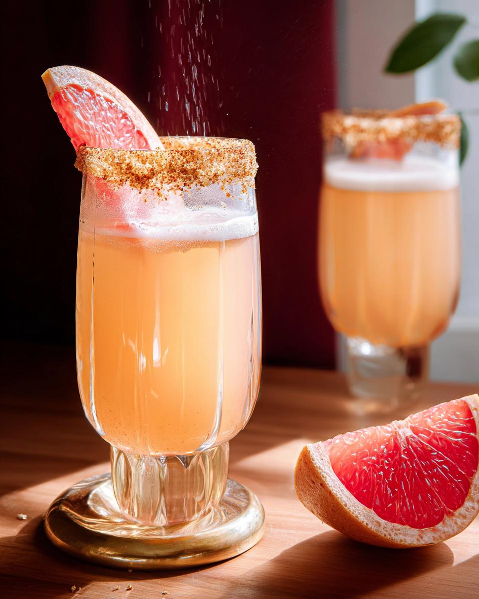 A festive grapefruit mimosa cocktail, garnished with a grapefruit slice and a cinnamon-sugar rim, perfect for Thanksgiving drinks.