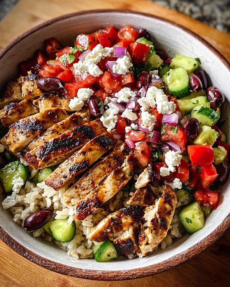 Close-up of a vibrant Greek Chicken Salad Bowls featuring sliced grilled chicken over rice, topped with cucumber, tomato, onion, and feta.