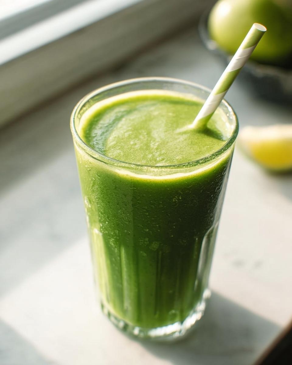 A tall glass filled with a vibrant Green Detox Smoothie, featuring a striped green and white straw.