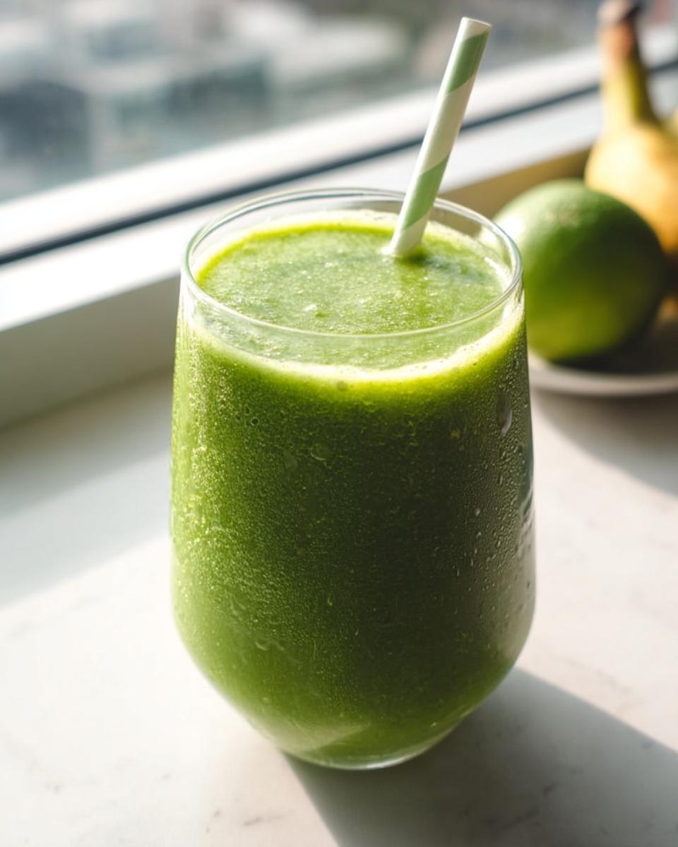 A close-up of a cold, condensation-covered glass filled with a vibrant Green Detox Smoothie, featuring a striped straw.