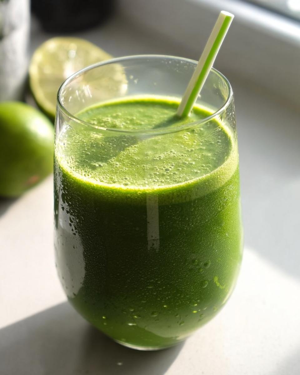 Close-up of a chilled glass filled with a vibrant Green Detox Smoothie, with limes in the background.