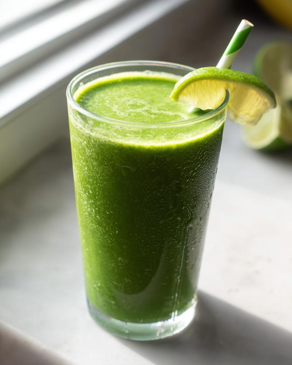 A tall, cold glass filled with a vibrant Green Detox Smoothie, garnished with a lime wedge and straw.