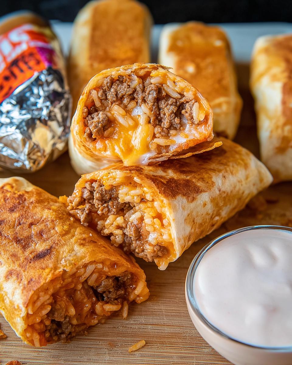 Close-up of a juicy ground beef burrito, cut in half, showing seasoned ground beef and melted cheese with rice. Other burritos and a dipping sauce are in the background.
