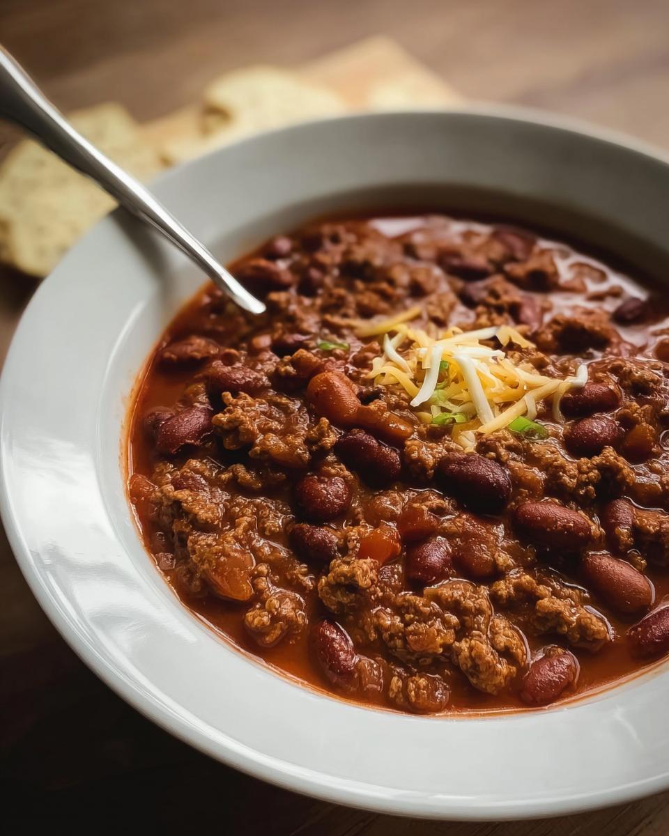 A close-up of a bowl of hearty ground beef chili with kidney beans, topped with shredded cheese.