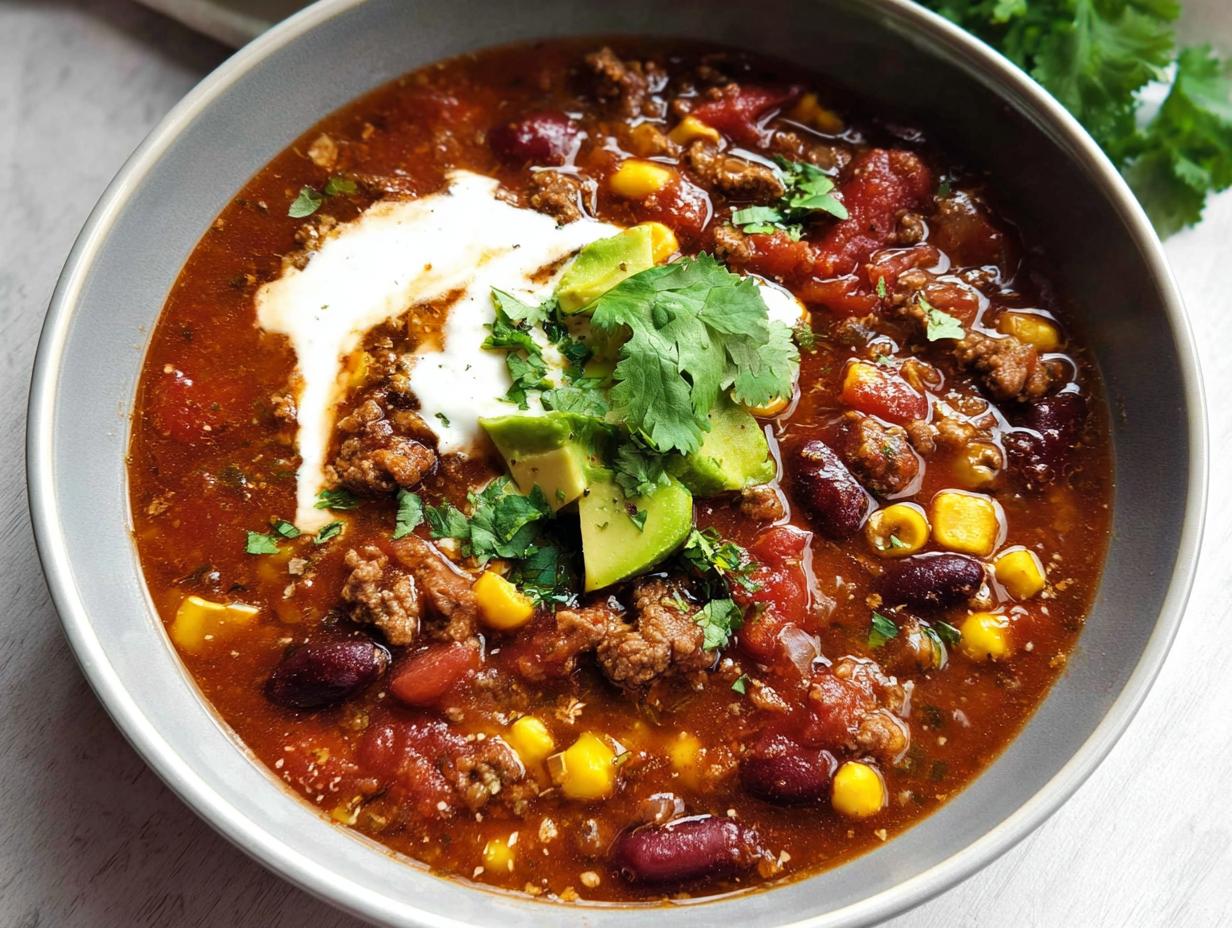 A bowl of hearty ground beef chili with beans, corn, avocado, and sour cream.
