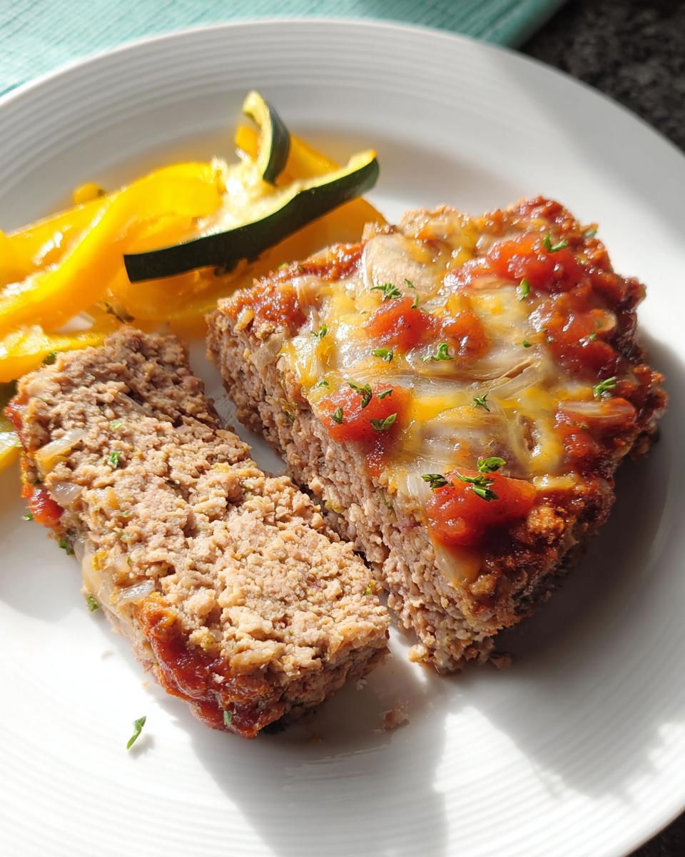 A slice of ground beef meatloaf topped with melted cheese and tomato sauce, served with sautéed yellow bell peppers and zucchini.