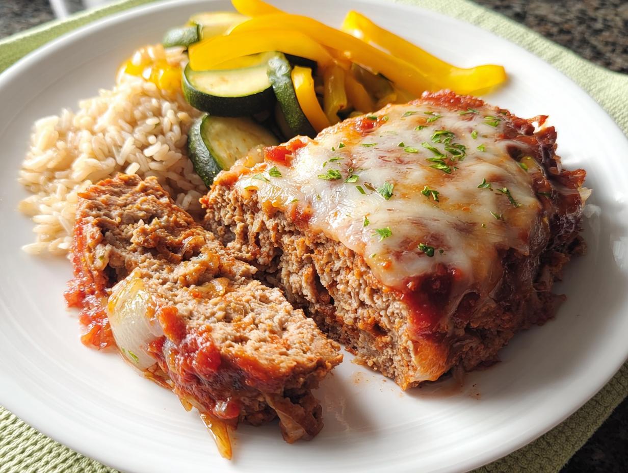A delicious slice of ground beef meatloaf topped with melted cheese and herbs, served with rice and vegetables.