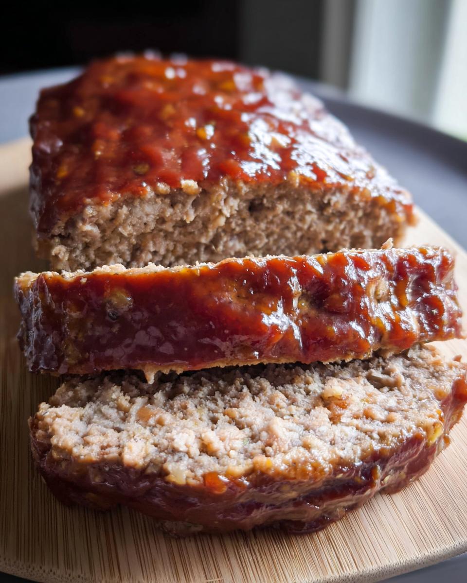 A delicious slice of classic ground beef meatloaf topped with a glaze, part of a recipe everyone asks for.